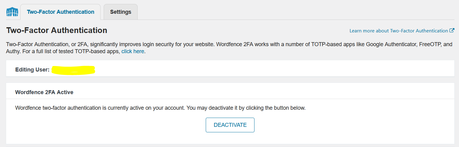 WordFence Two-Factor Authentication Plugin Options